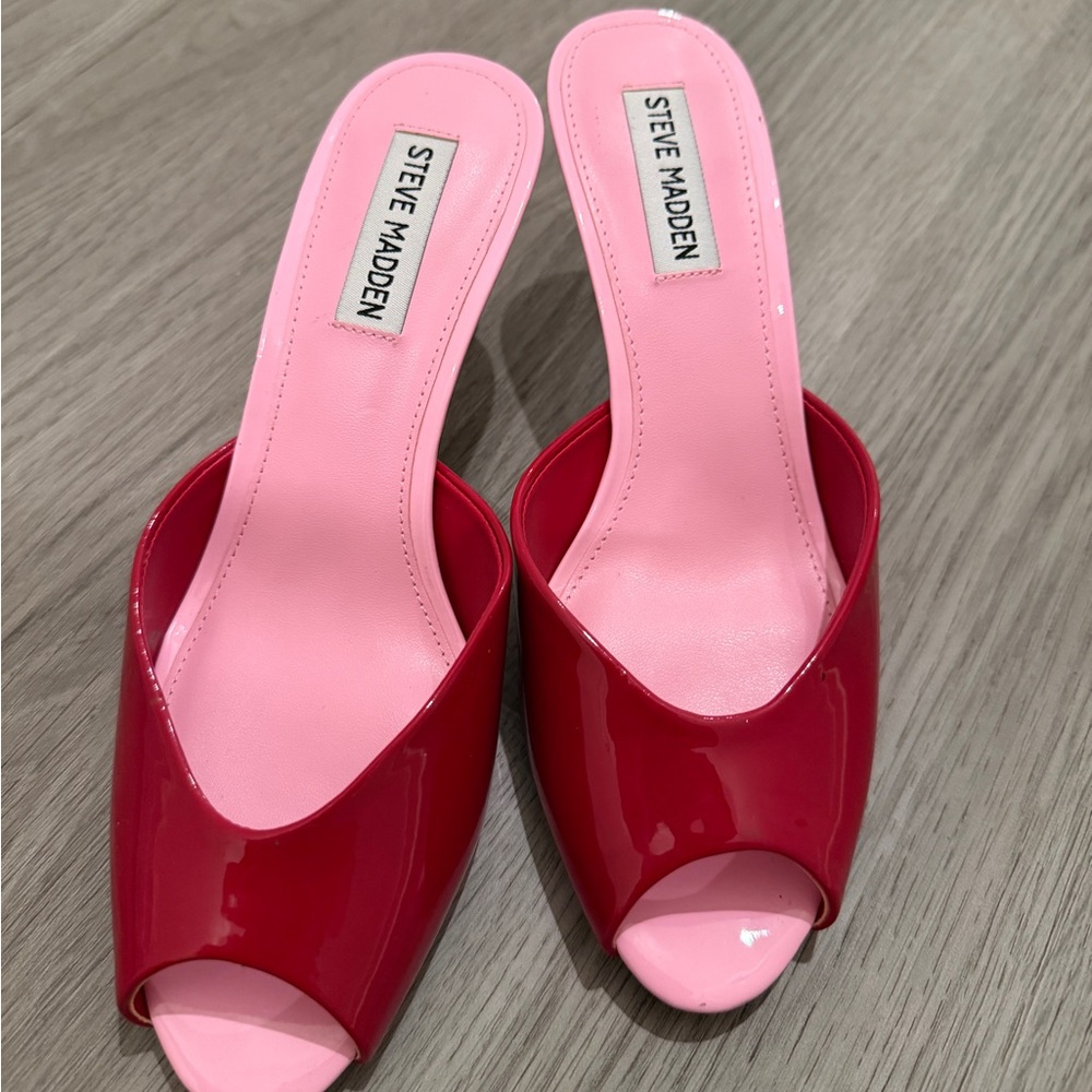 Steve Madden Pink and Red Patent Peep-Toe Mules
